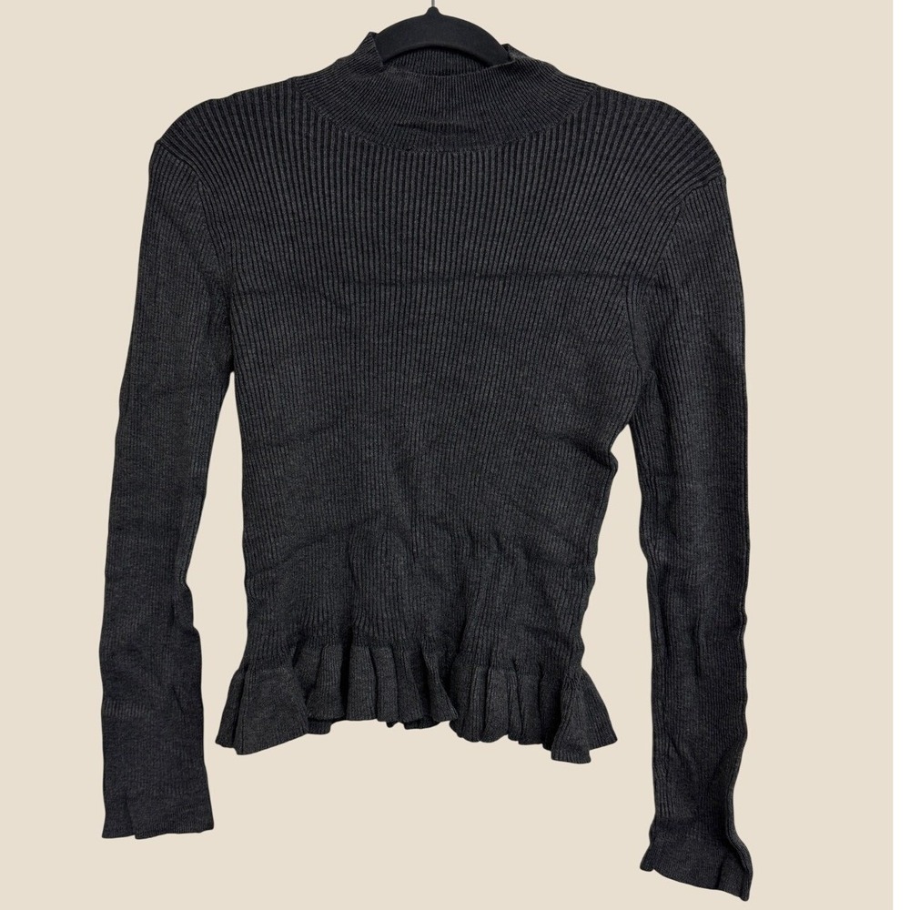 John + Jenn Medium Gray Top Ribbed‎ Mock Neck Peplum Hem Long Sleeves